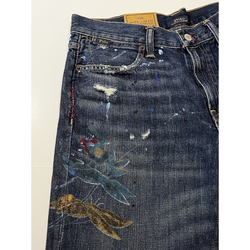 Polo Ralph Lauren Astor Slim Boyfriend Jeans Womens Size 28 Blue Crane Motif NWT - Picture 6 of 11